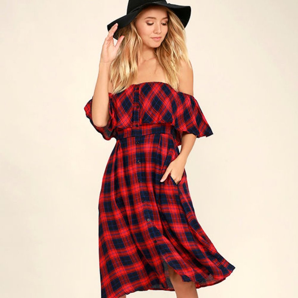 NWT Woodland Wanderer Plaid Off-the-Shoulder Dress
